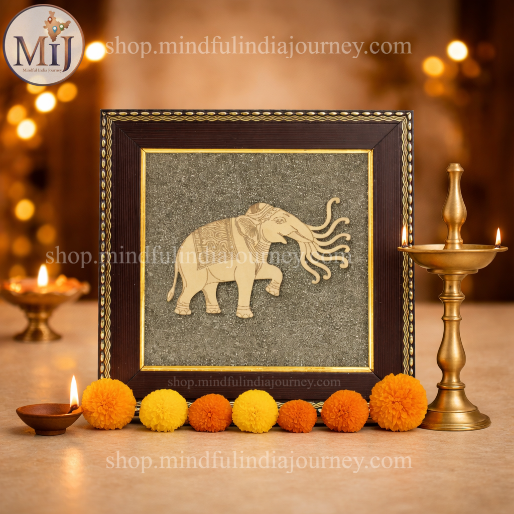 Seven Trunk Elephant (Airavata) on Raw Pyrite Frame